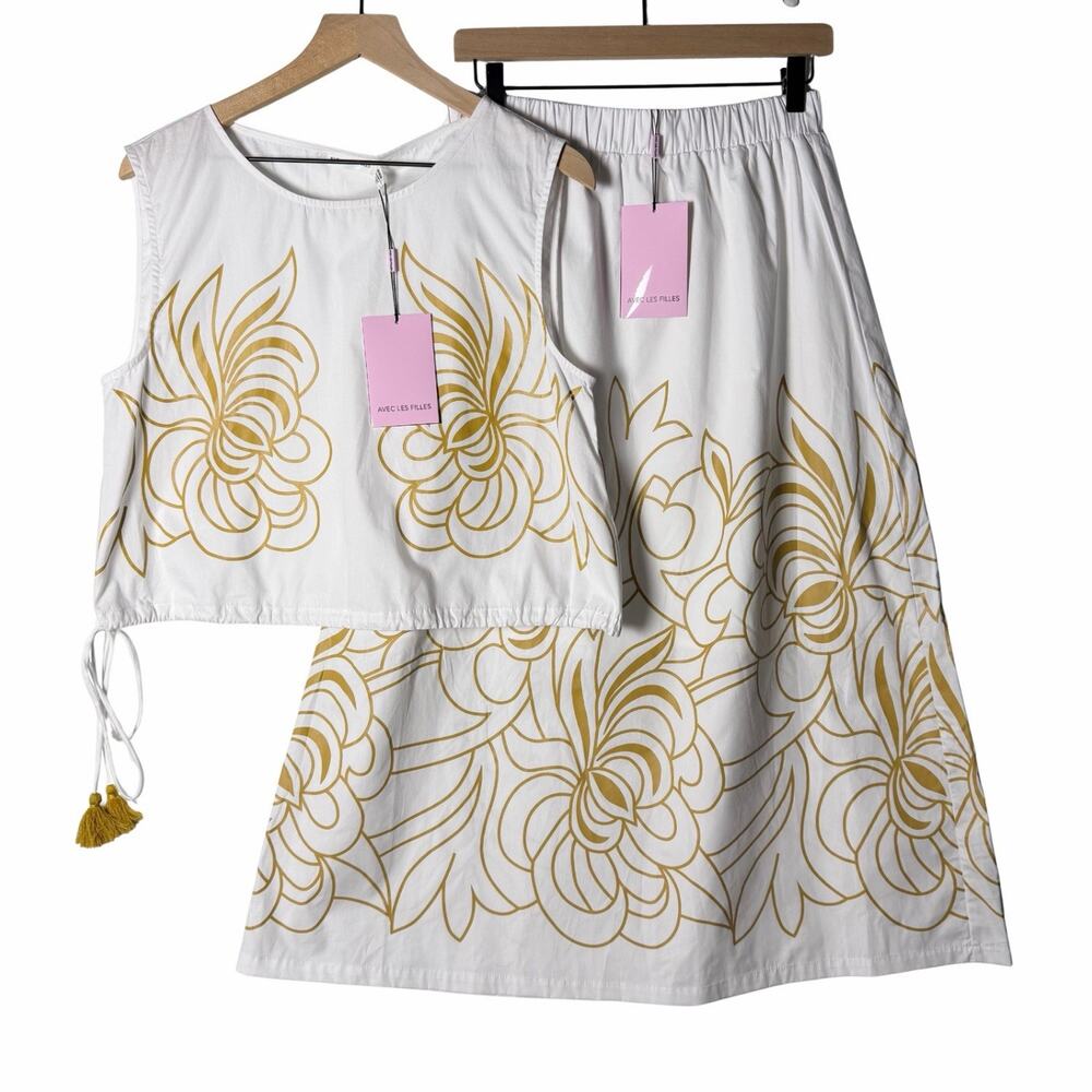 Avec Les Filles White and Yellow Floral Print Cinch Top & Midi Skirt Set M